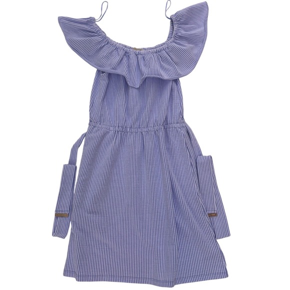 Michael Kors Dresses & Skirts - Michael Kors Dress Womens Medium Blue Seersucker Striped Off Shoulder Excellent
